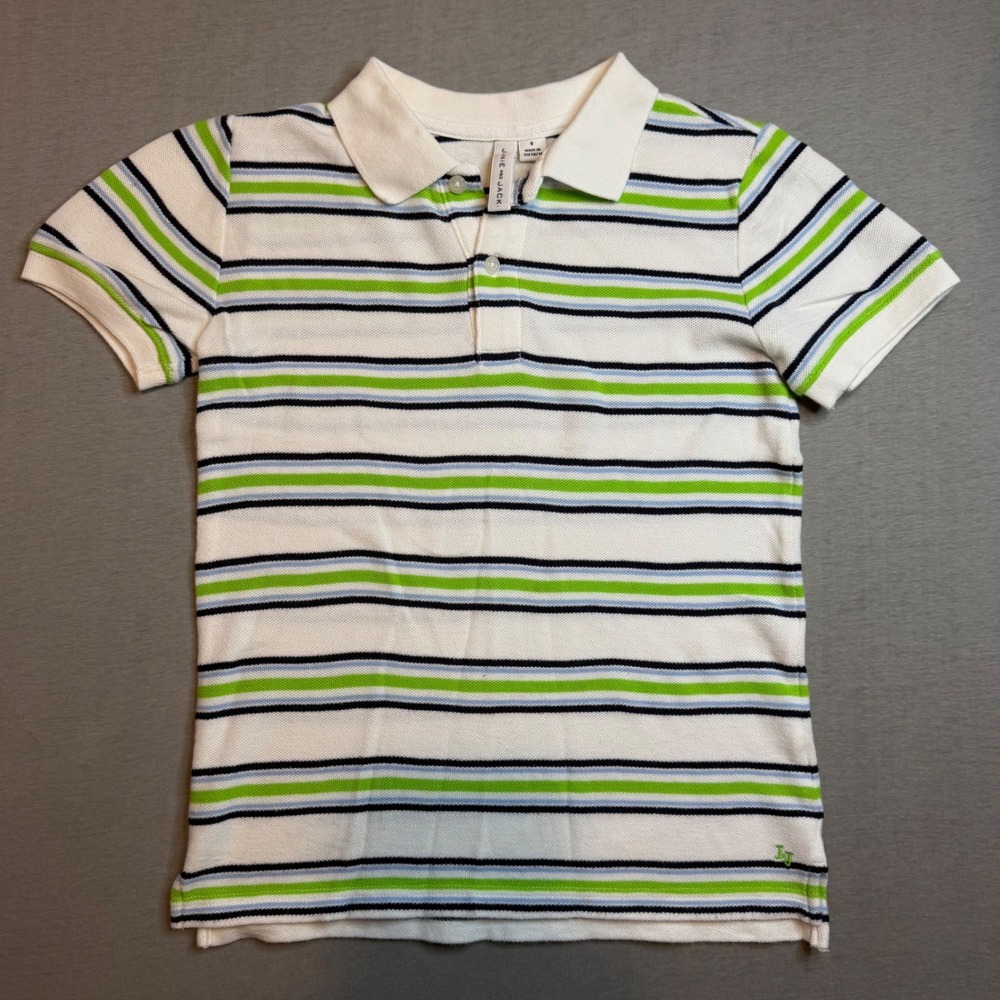 Janie and Jack Boys Size 6 Striped Polo Shirt White Lime Green Blue Pique Cotton